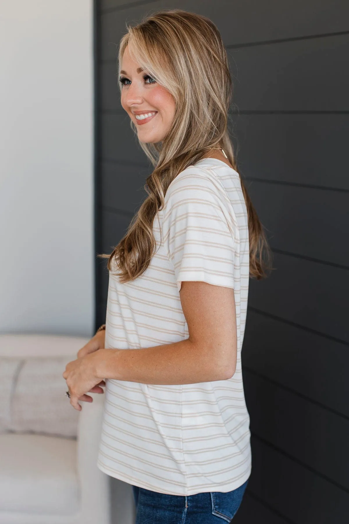 On A Pedestal Striped Short Sleeve Top- Cream