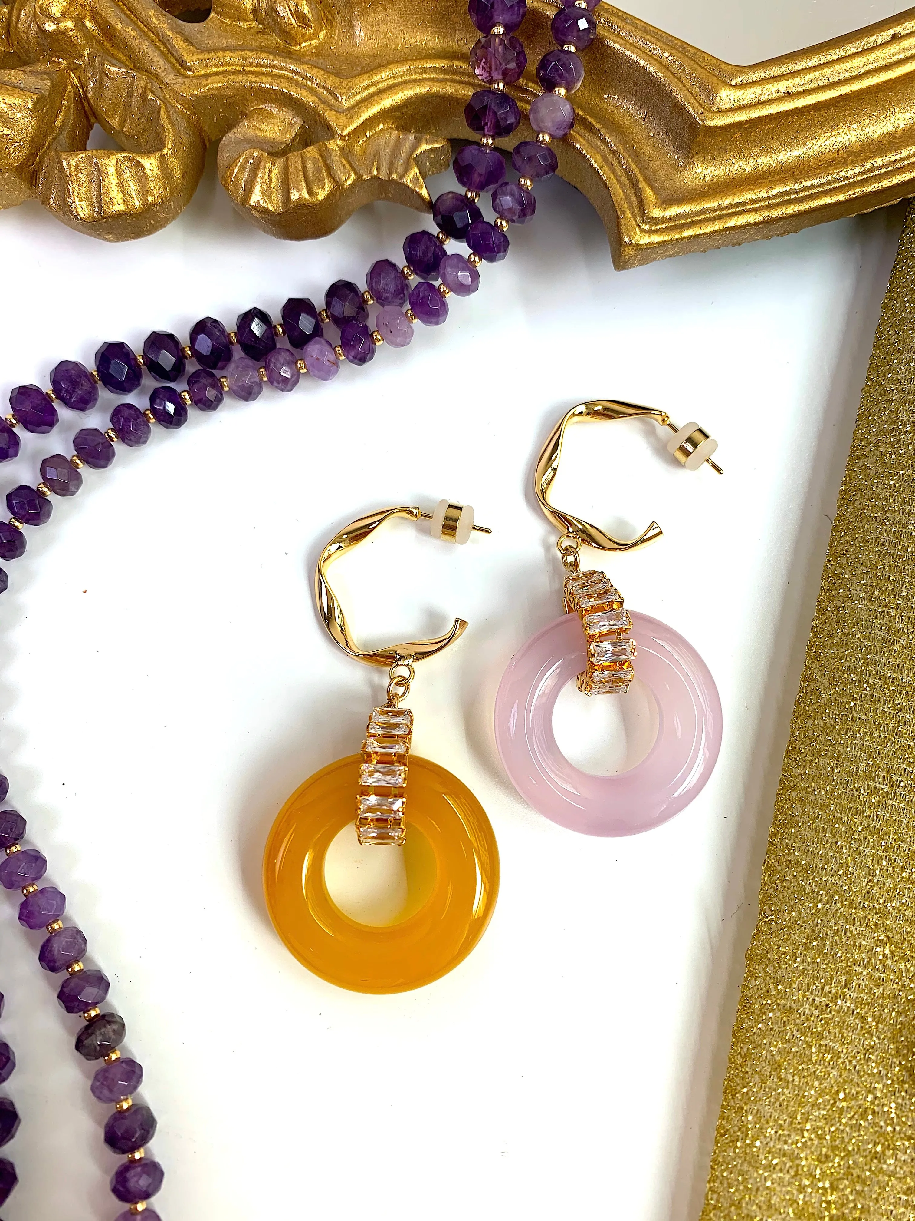 Pink and Yellow Round Gemstone Earrings EE032