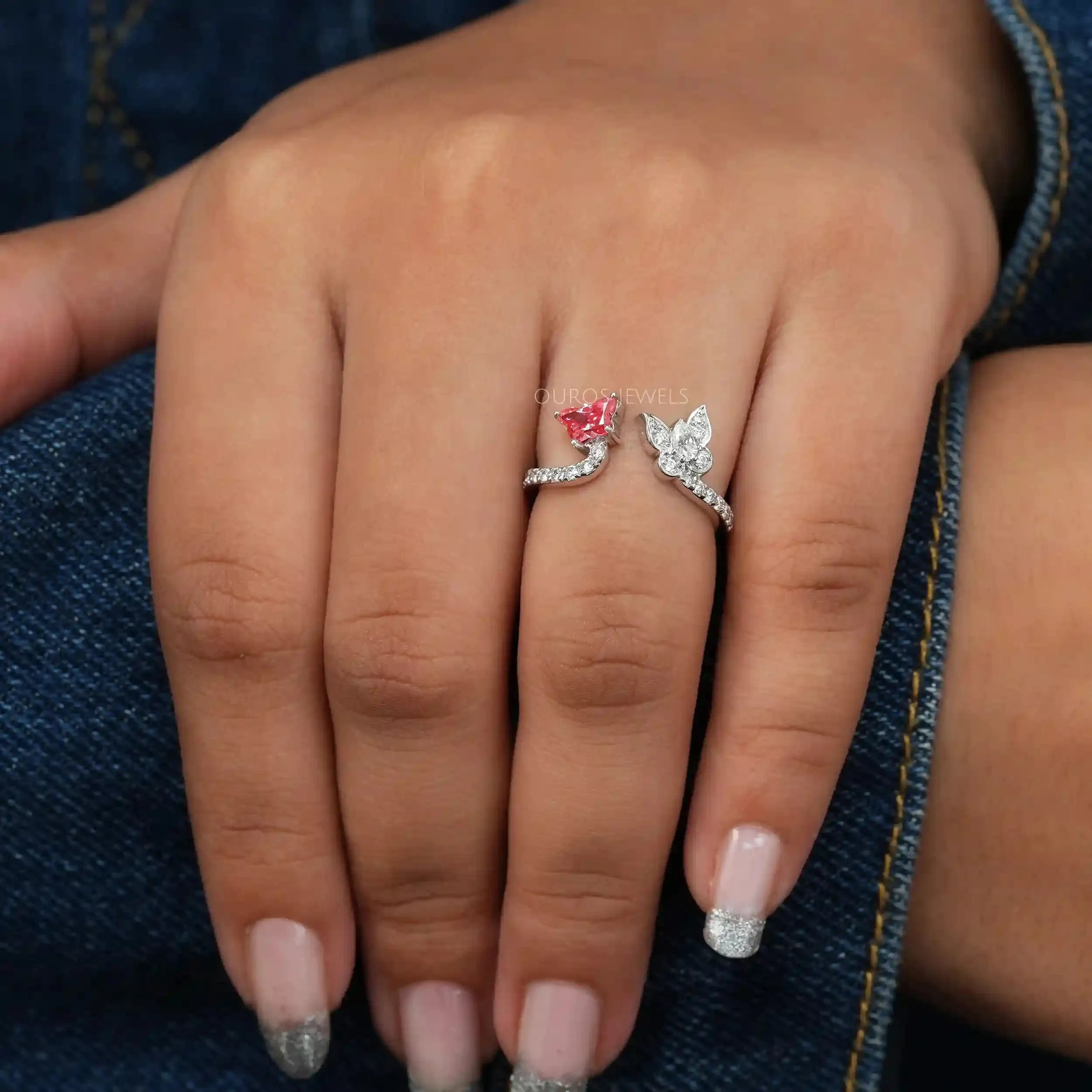 Pink Butterfly Cut Lab Grown Diamond  Open Cuff Anniversary Ring