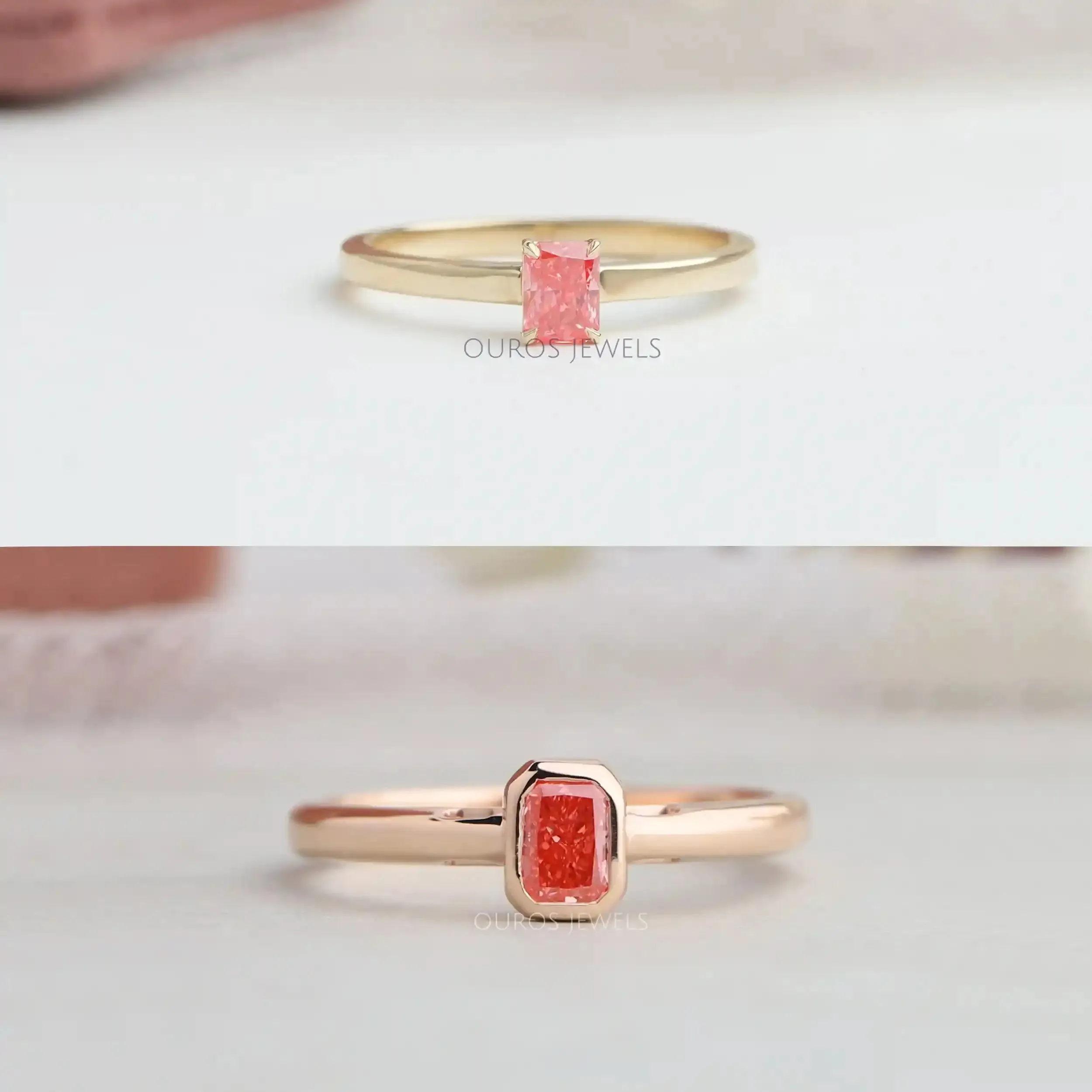 Pink Radiant  Cut Lab Grown Diamond  Solitaire  Engagement Ring