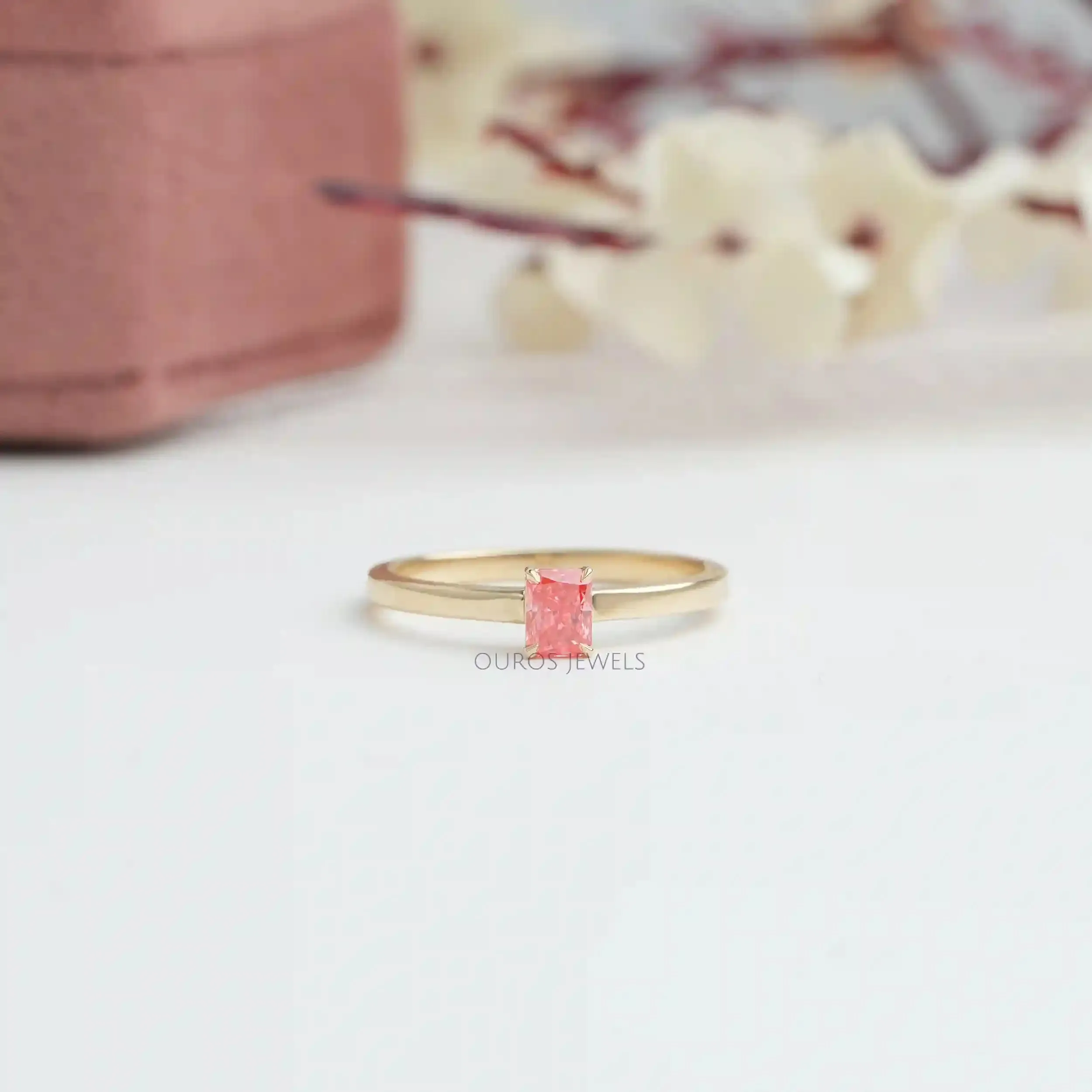 Pink Radiant  Cut Lab Grown Diamond  Solitaire  Engagement Ring