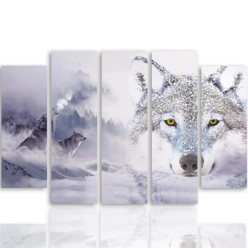 Quadri Quadro 5 pezzi Stampa su tela Wolf Fog Forest Grey