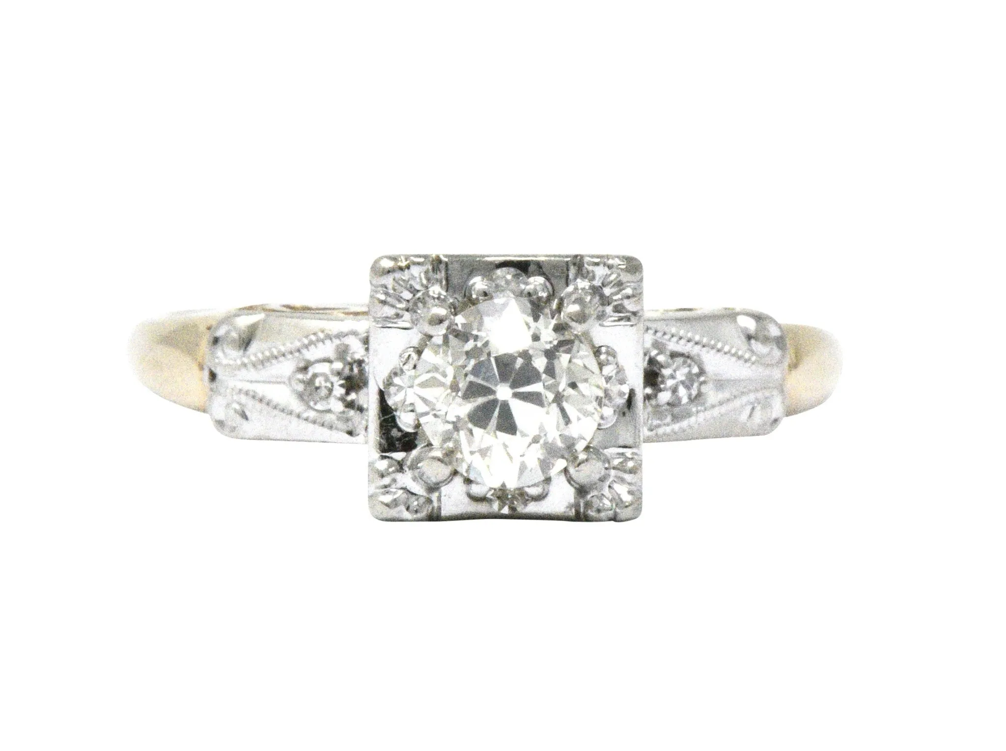 Retro 0.55 CTW Diamond Platinum-Topped 14 Karat Gold Engagement Ring