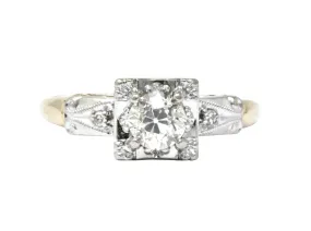 Retro 0.55 CTW Diamond Platinum-Topped 14 Karat Gold Engagement Ring