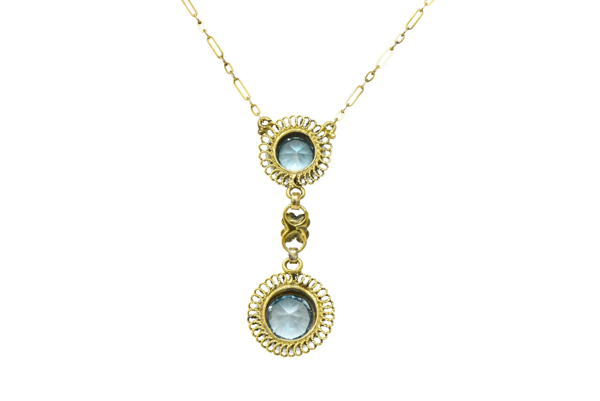 Retro 4.75 CTW Blue Zircon Seed Pearl 14 Karat Gold Drop Necklace