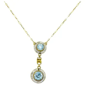 Retro 4.75 CTW Blue Zircon Seed Pearl 14 Karat Gold Drop Necklace