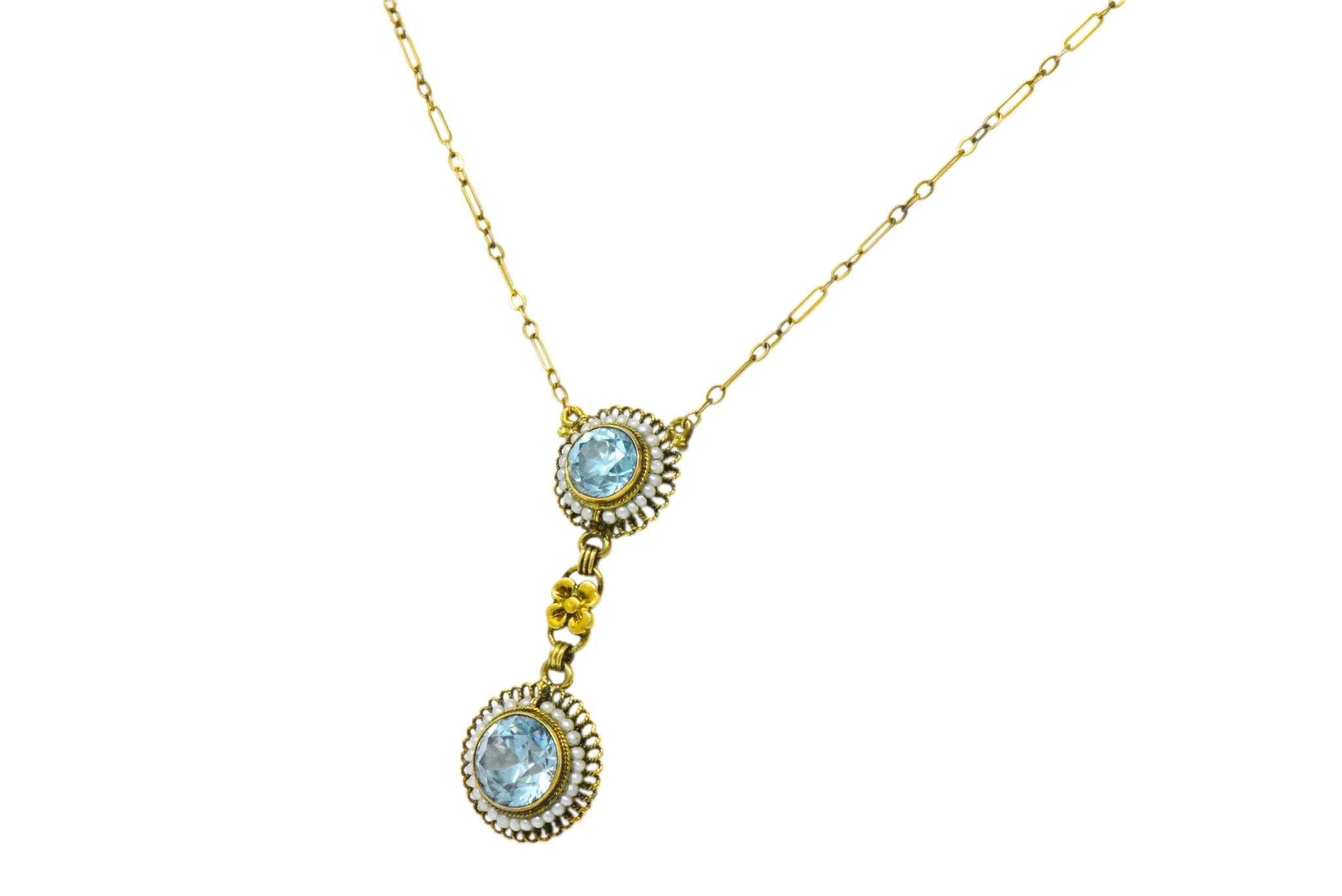 Retro 4.75 CTW Blue Zircon Seed Pearl 14 Karat Gold Drop Necklace