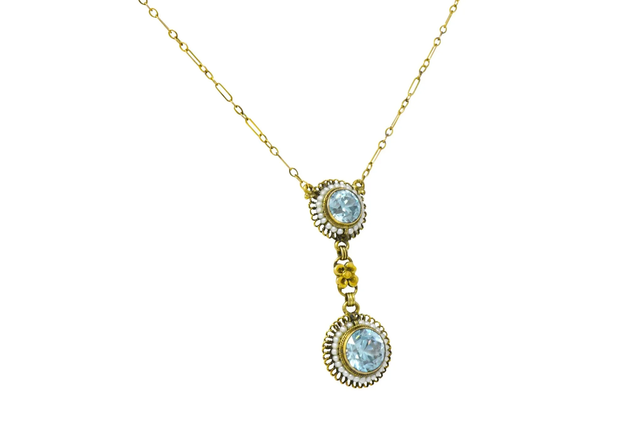 Retro 4.75 CTW Blue Zircon Seed Pearl 14 Karat Gold Drop Necklace