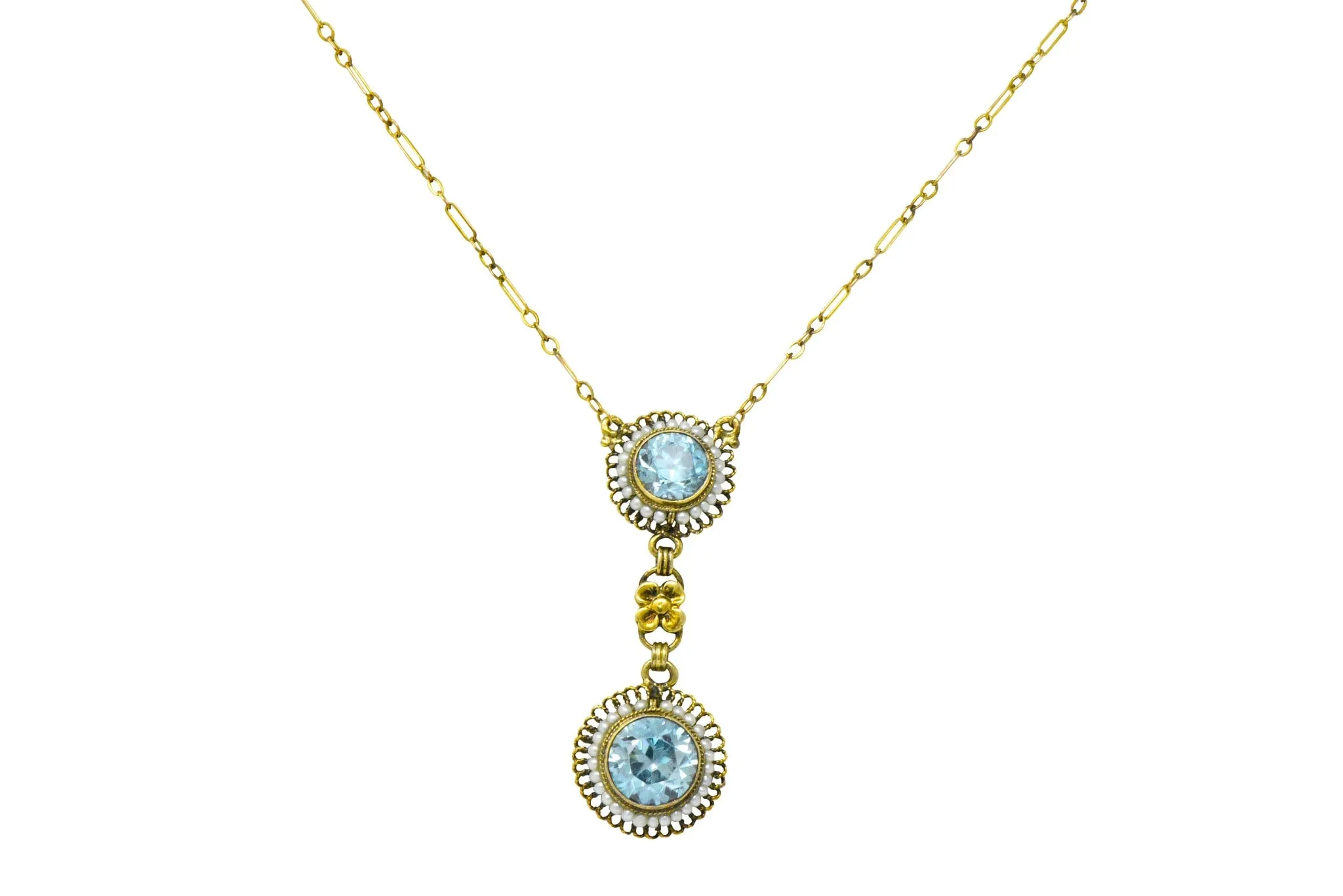 Retro 4.75 CTW Blue Zircon Seed Pearl 14 Karat Gold Drop Necklace