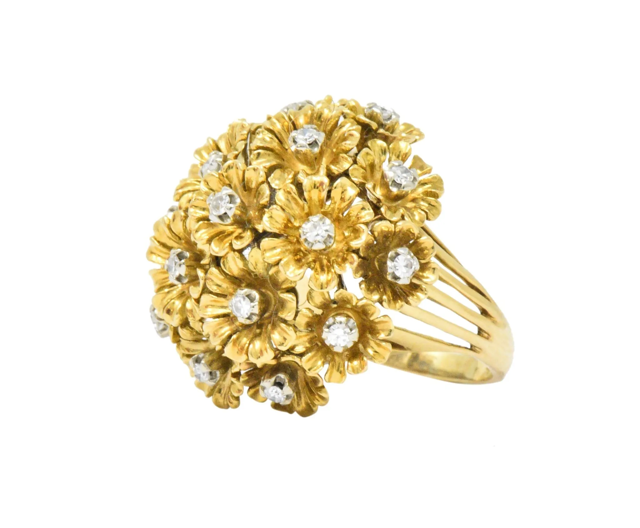 Retro Diamond 18 Karat Gold Flower Bouquet En Tremblant Ring