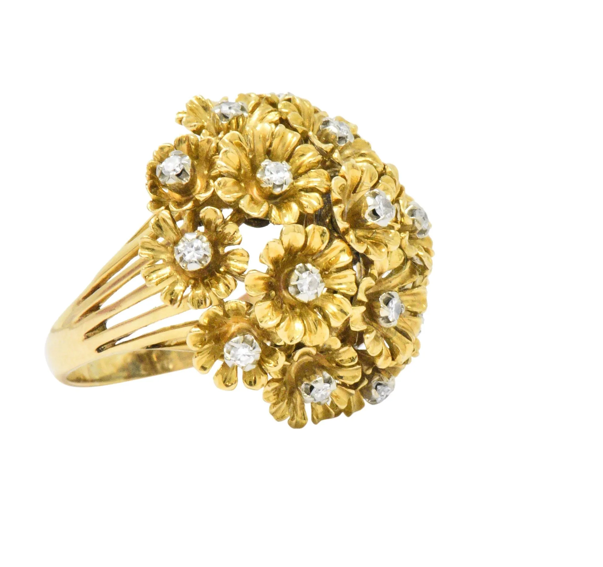 Retro Diamond 18 Karat Gold Flower Bouquet En Tremblant Ring