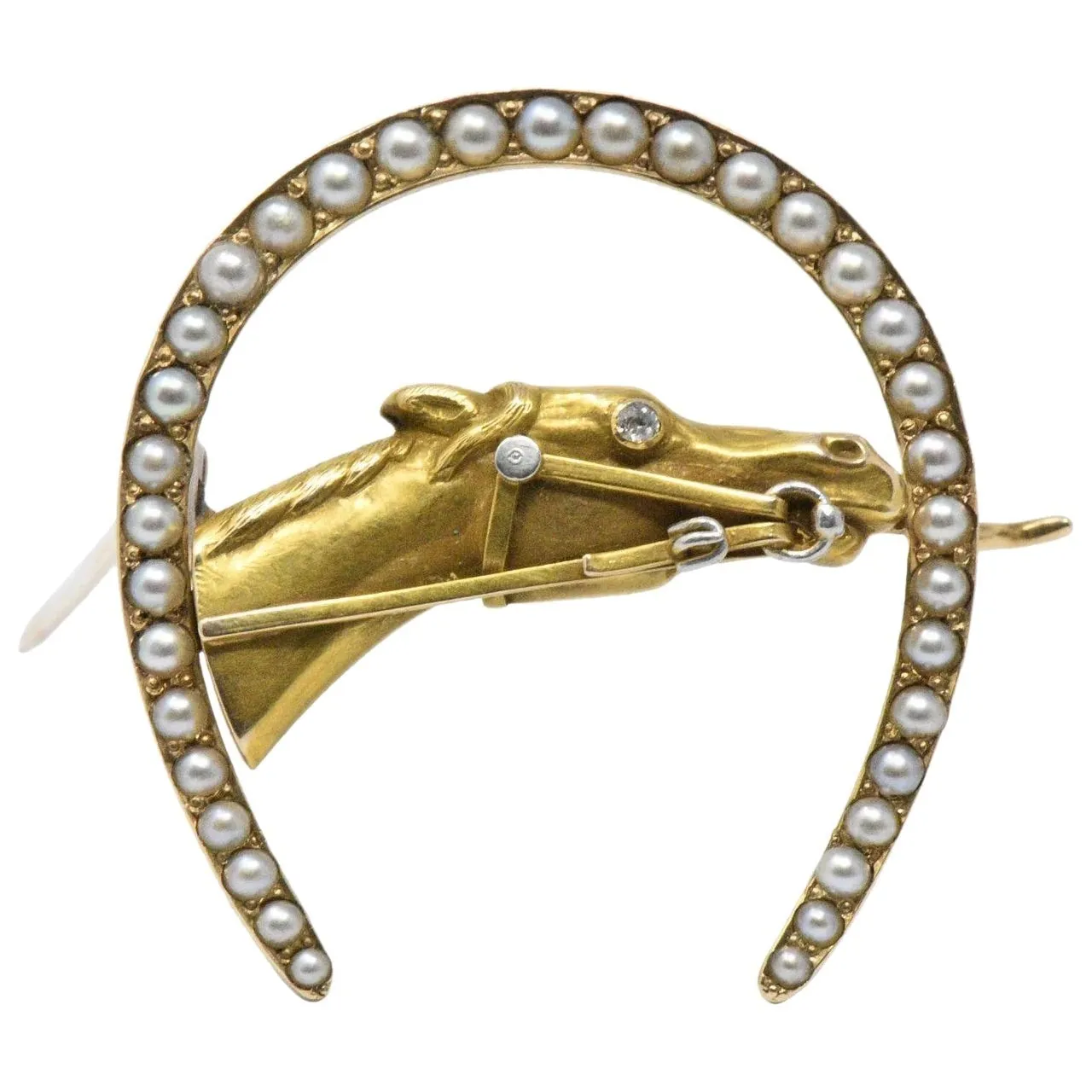 Retro Seed Pearl, Diamond & 14K Gold Horseshoe Horse Brooch