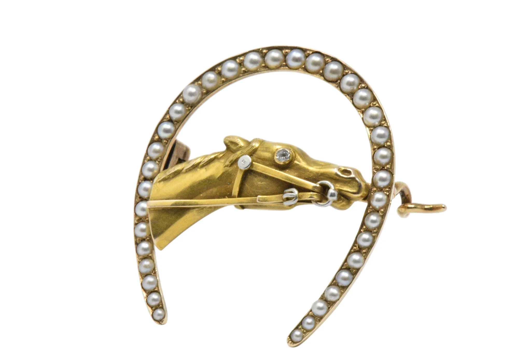 Retro Seed Pearl, Diamond & 14K Gold Horseshoe Horse Brooch