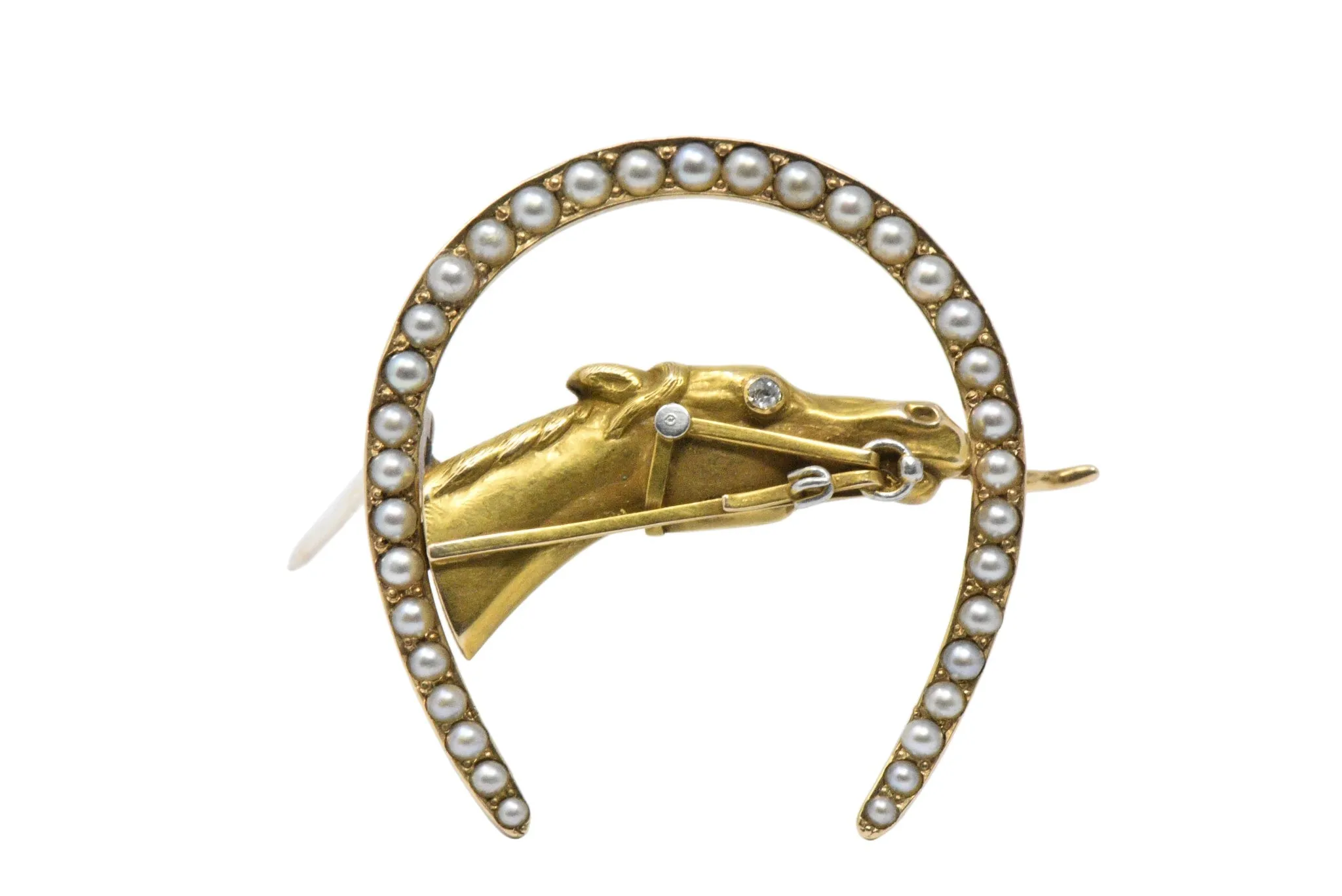 Retro Seed Pearl, Diamond & 14K Gold Horseshoe Horse Brooch