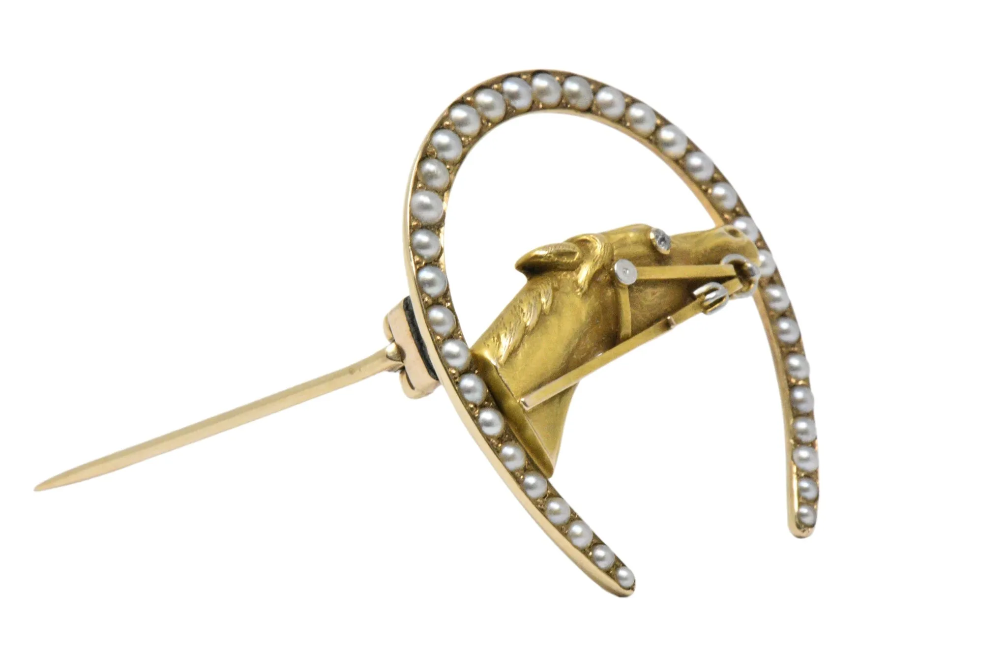 Retro Seed Pearl, Diamond & 14K Gold Horseshoe Horse Brooch