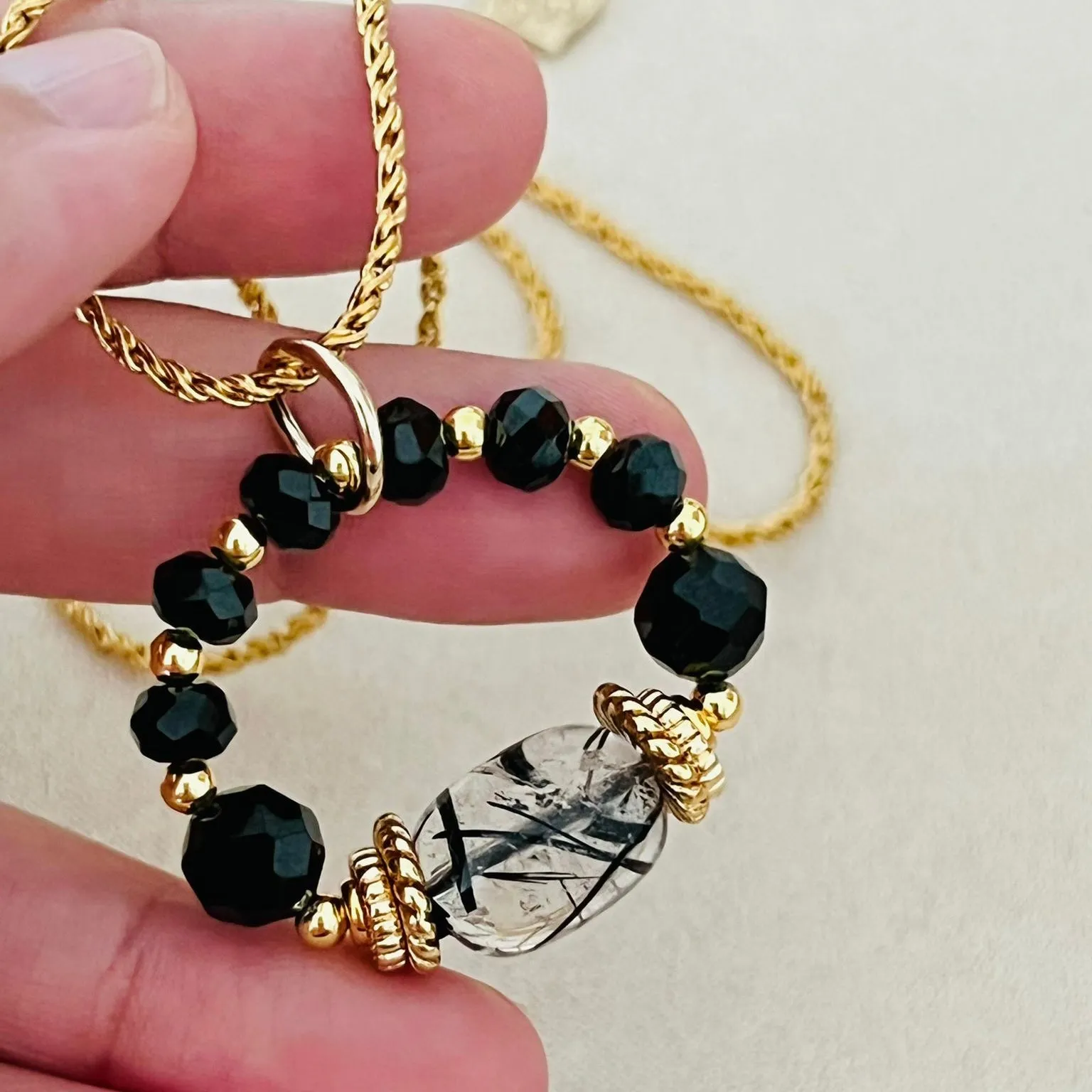 Rutilated Black Quartz & Black Spinels Pendant