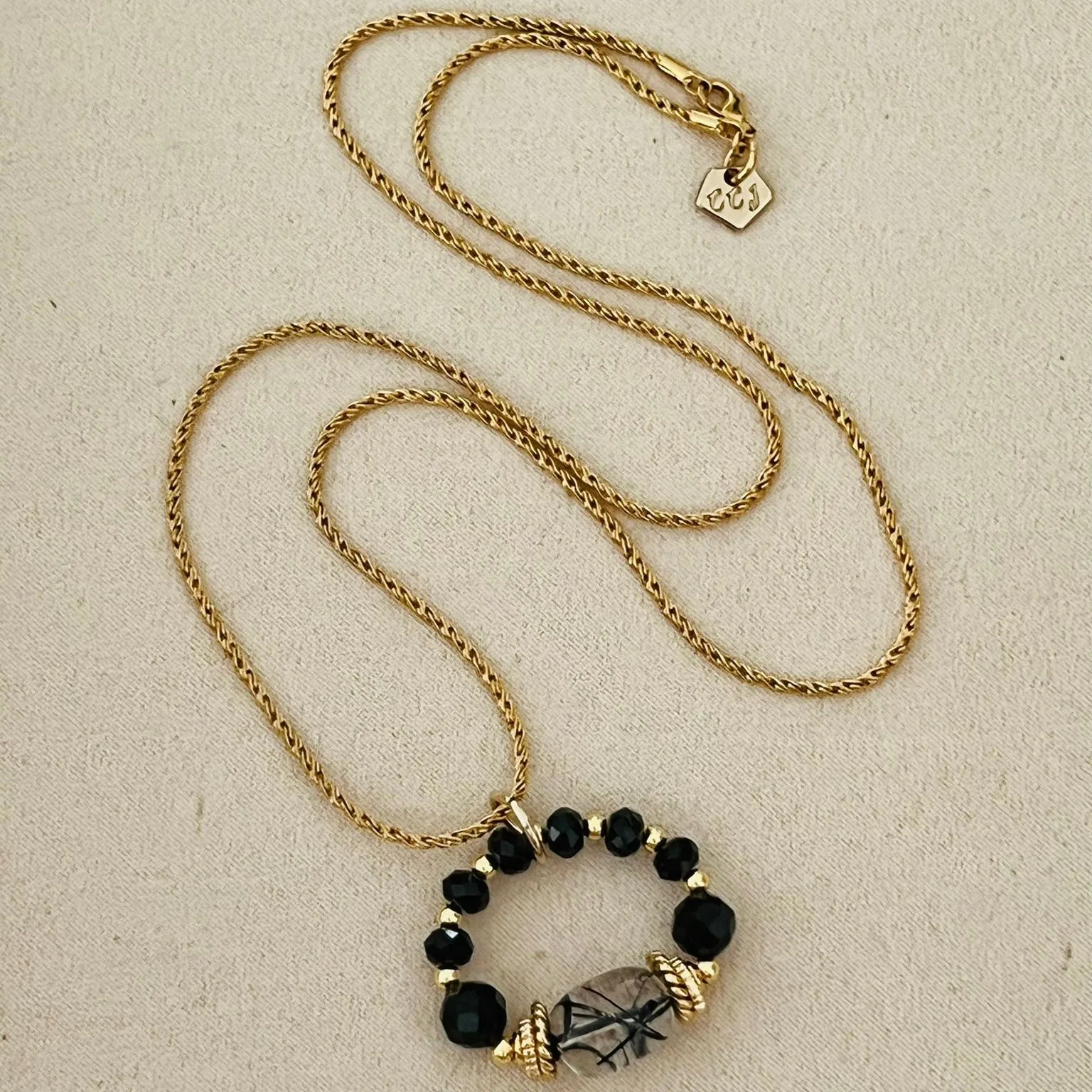 Rutilated Black Quartz & Black Spinels Pendant