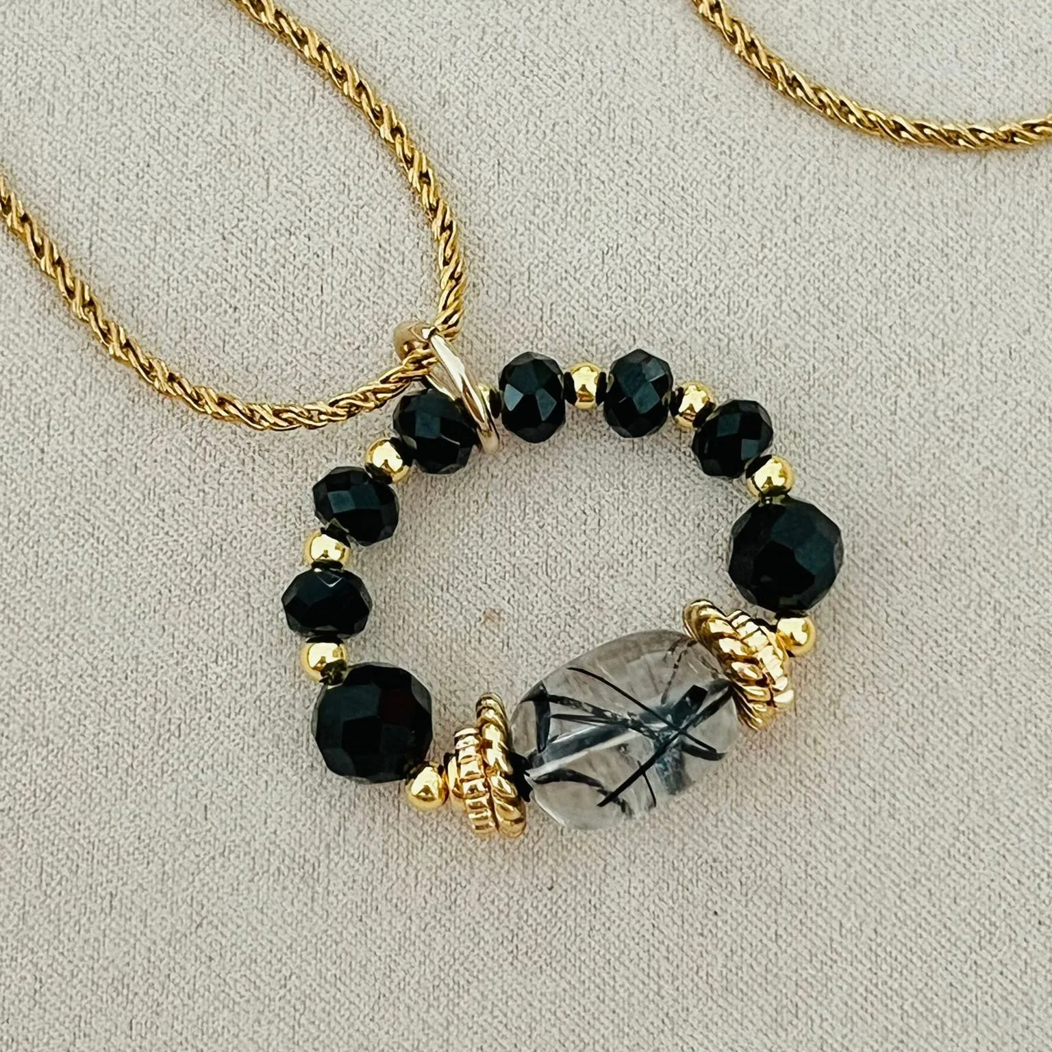 Rutilated Black Quartz & Black Spinels Pendant