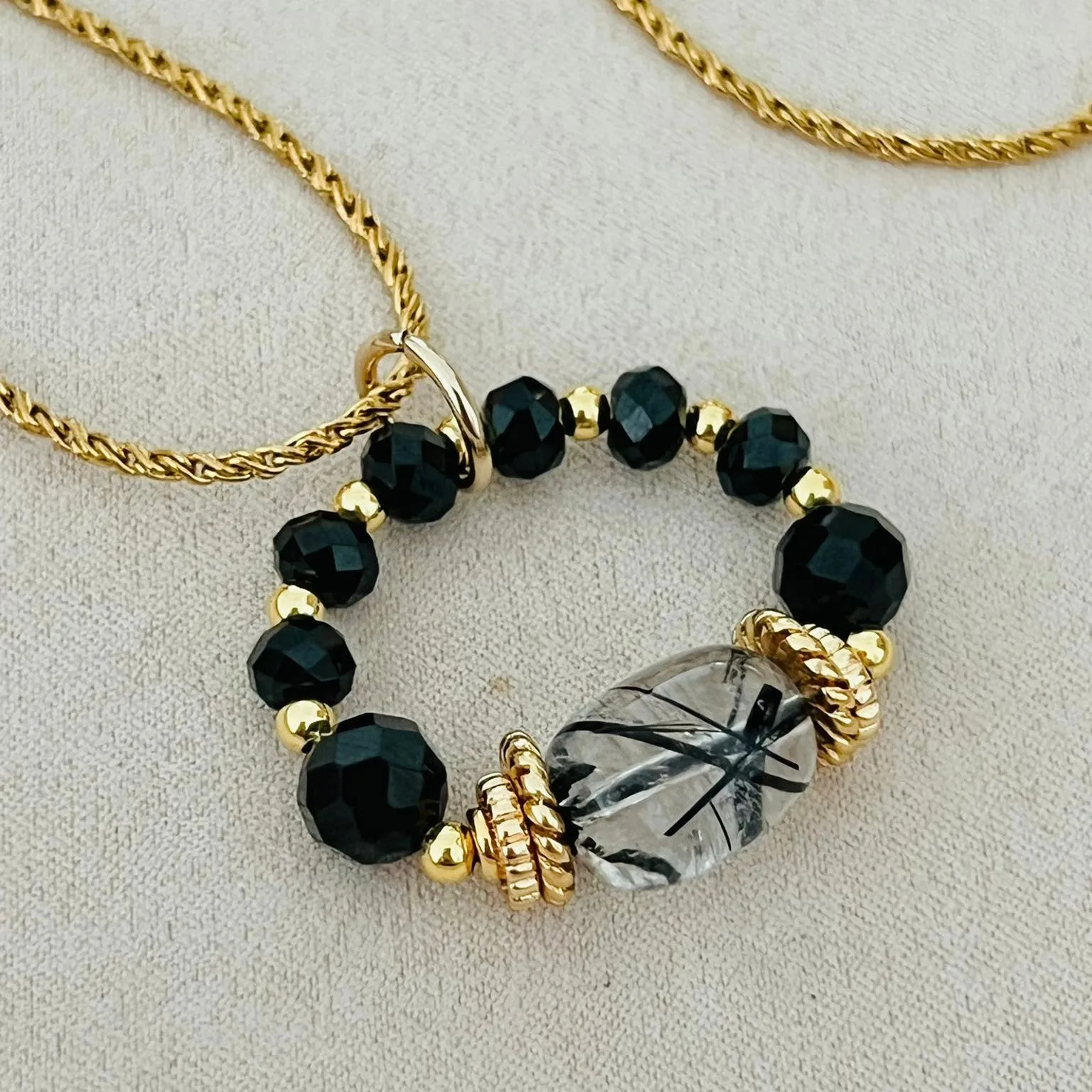 Rutilated Black Quartz & Black Spinels Pendant