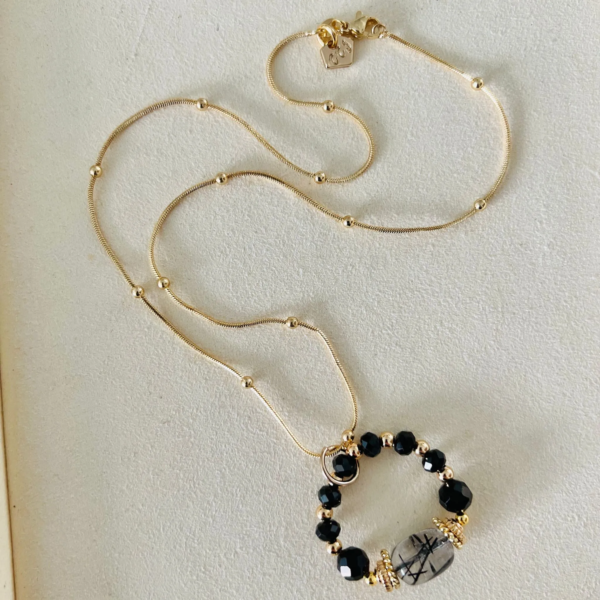 Rutilated Black Quartz & Black Spinels Pendant