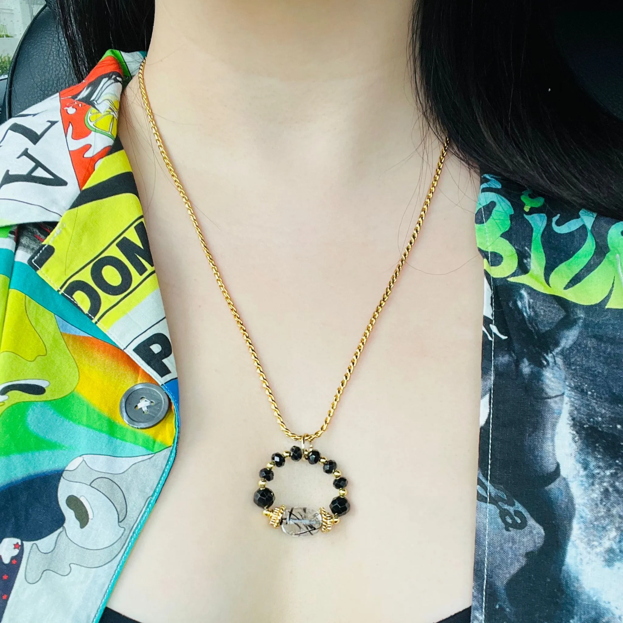 Rutilated Black Quartz & Black Spinels Pendant