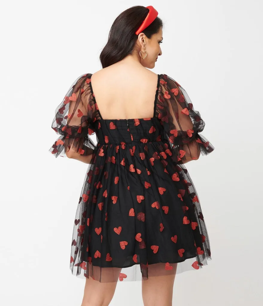 Smak Parlour Black & Red Glitter Hearts Love Interest Babydoll Dress (XS, S and M ONLY)