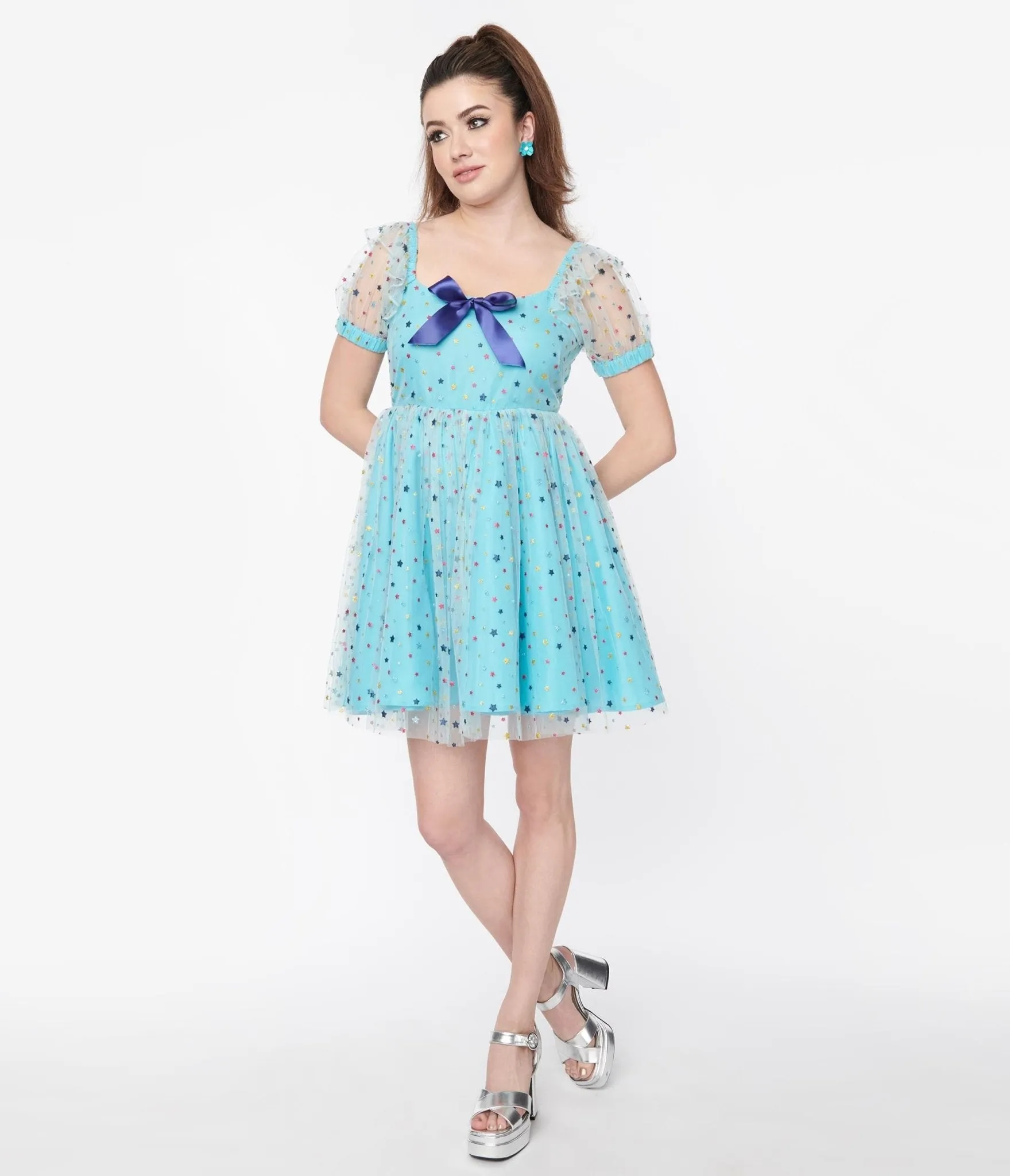 Smak Parlour Blue & Multi Star Puff Sleeve Babydoll Dress