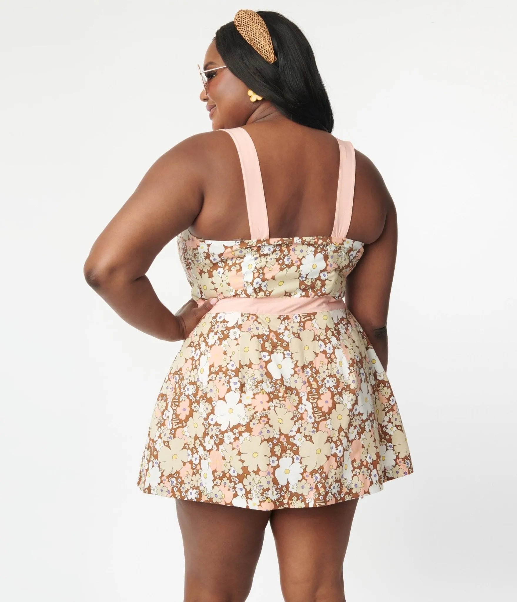 Smak Parlour Plus Size Pink & Brown Floral Sweet & Sassy Skirted Romper