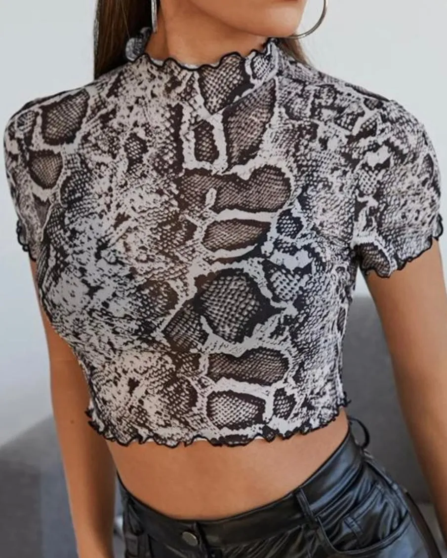 Snake Mesh Short Sleeve Crop Top