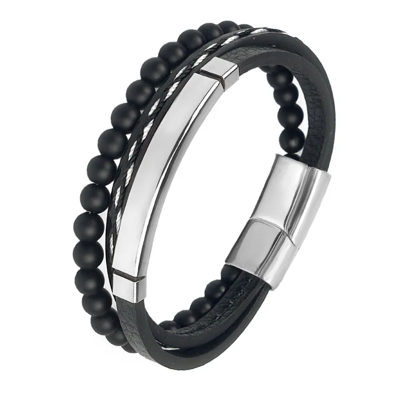 Stainless Steel Jewelry Multi-Layered Men's Black Leather Bracelet