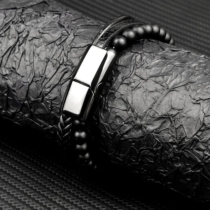 Stainless Steel Jewelry Multi-Layered Men's Black Leather Bracelet