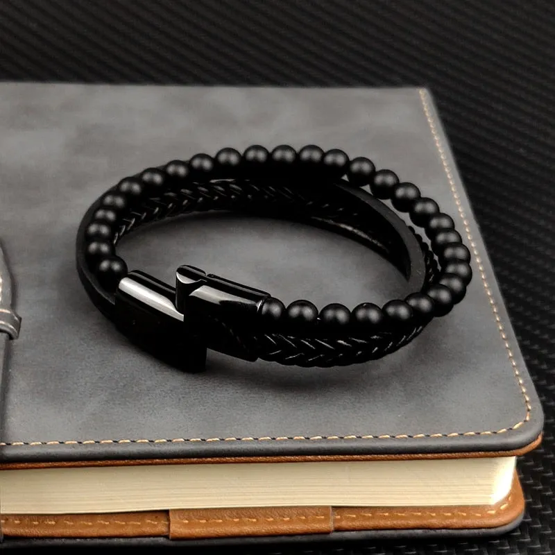 Stainless Steel Jewelry Multi-Layered Men's Black Leather Bracelet