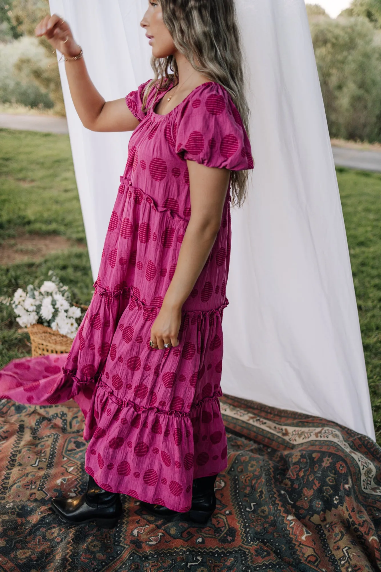 Taylan Ruffle Trim Maxi Dress in Raspberry