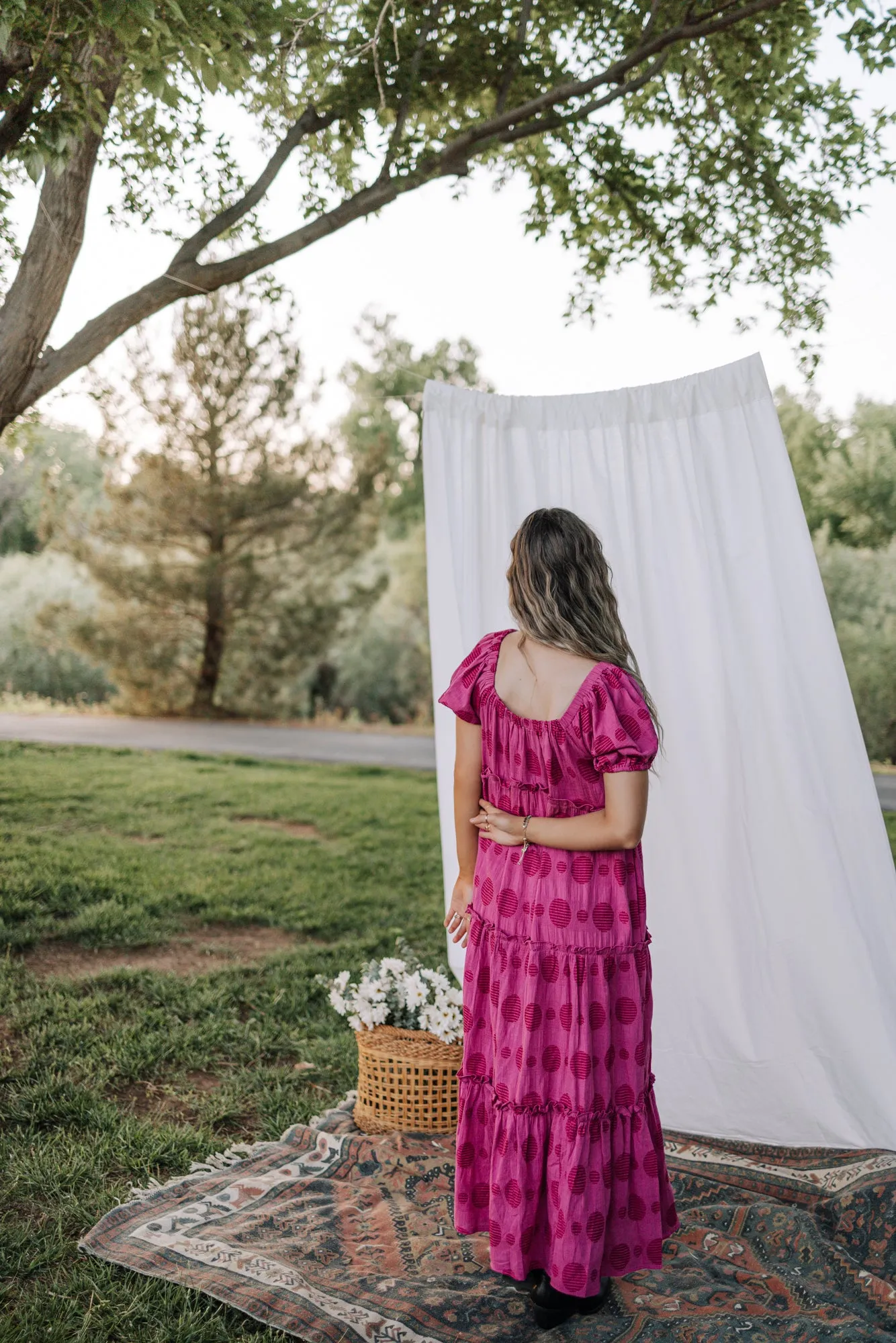 Taylan Ruffle Trim Maxi Dress in Raspberry