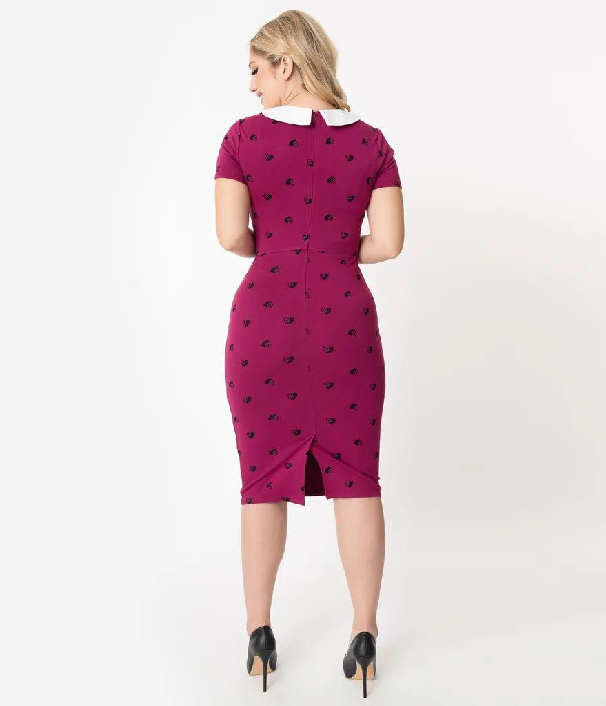 Unique Vintage 1960s Berry Pink & Black Cat Print Renata Pencil Dress (S and M ONLY)