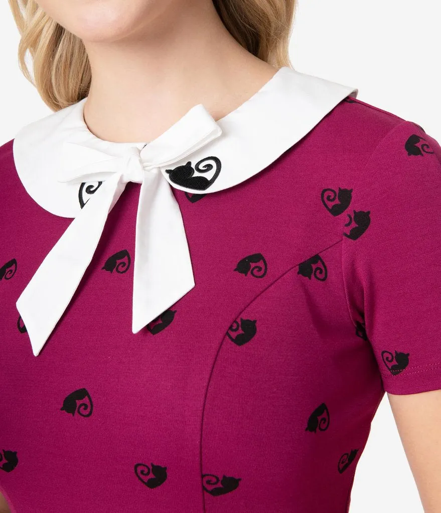 Unique Vintage 1960s Berry Pink & Black Cat Print Renata Pencil Dress (S and M ONLY)