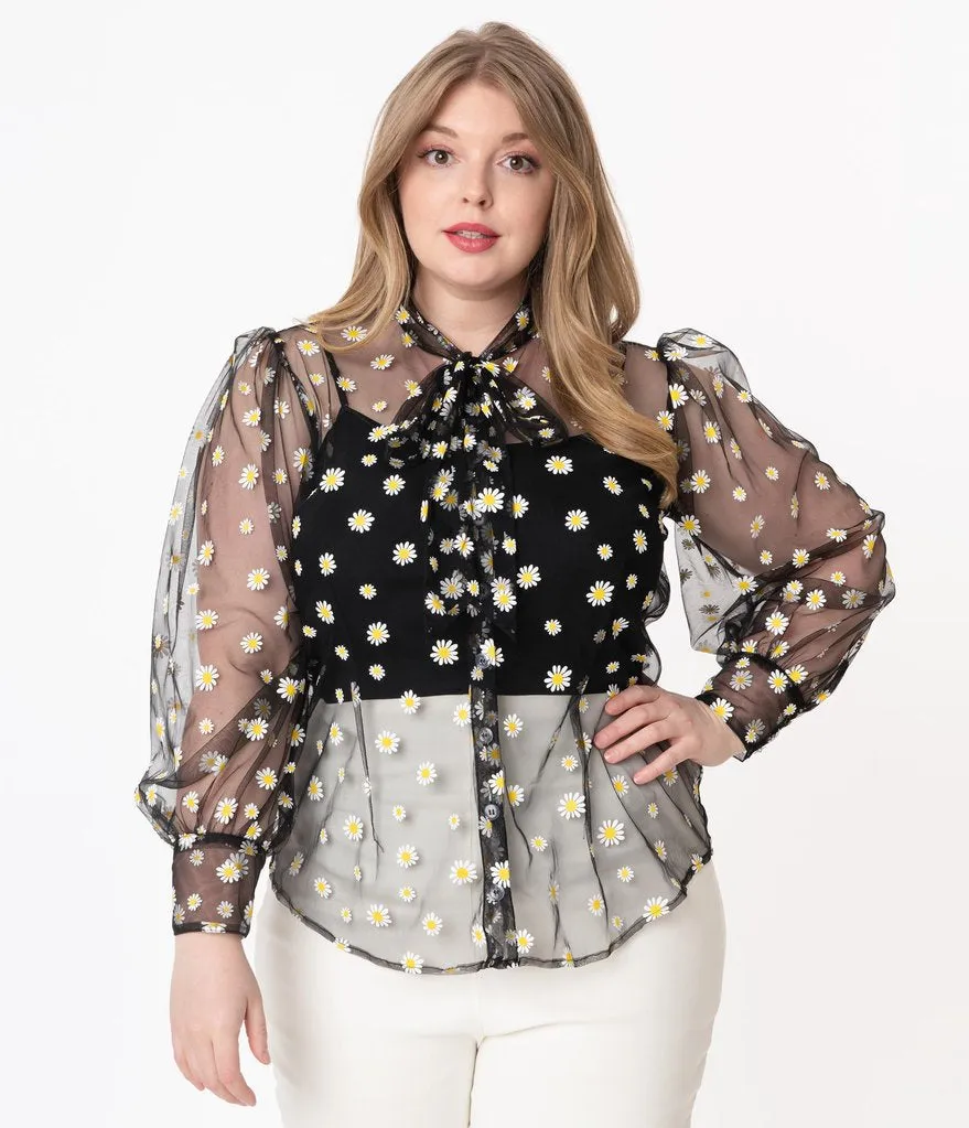 Unique Vintage Black & White Daisy Print Sheer Gwen Blouse (S and M ONLY)