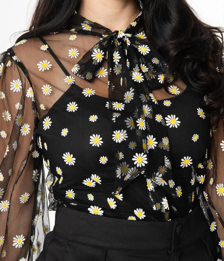 Unique Vintage Black & White Daisy Print Sheer Gwen Blouse (S and M ONLY)