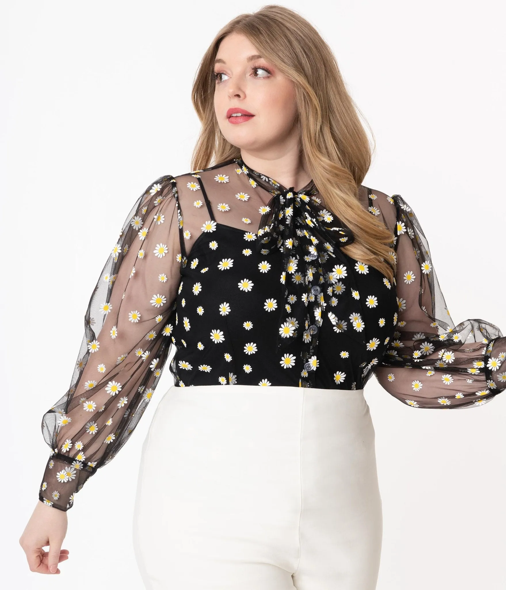 Unique Vintage Black & White Daisy Print Sheer Gwen Blouse (S and M ONLY)