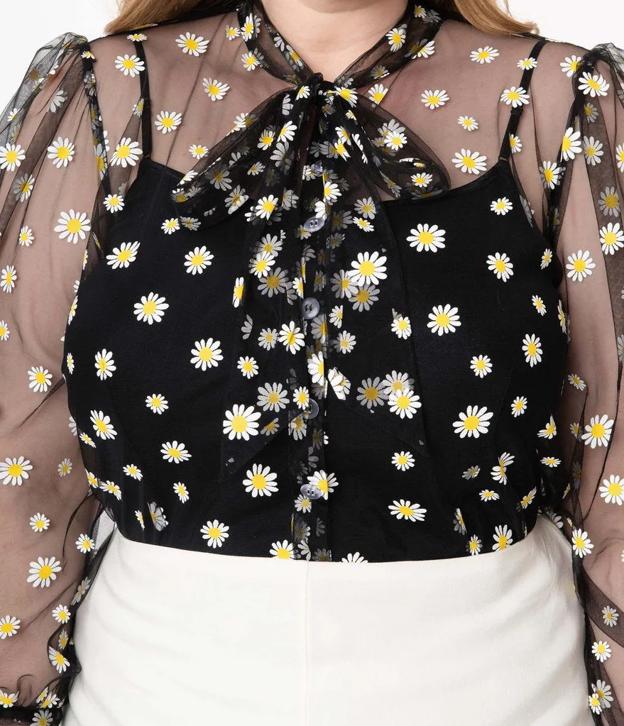 Unique Vintage Black & White Daisy Print Sheer Gwen Blouse (S and M ONLY)