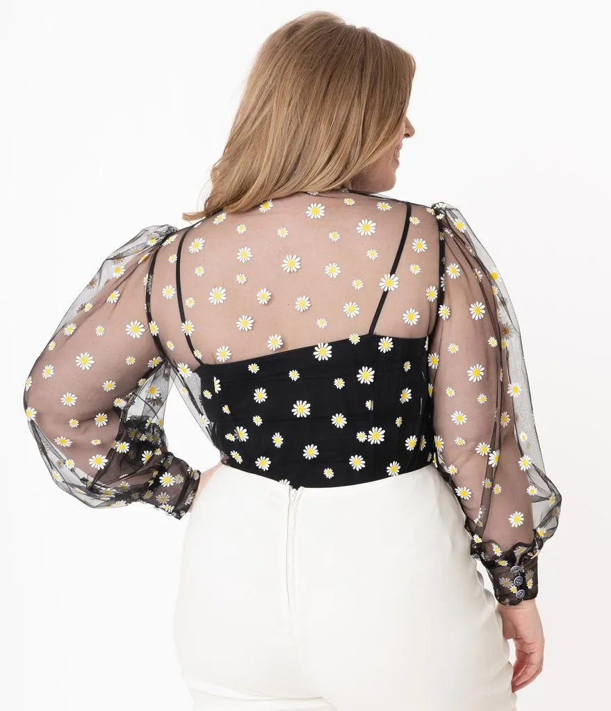 Unique Vintage Black & White Daisy Print Sheer Gwen Blouse (S and M ONLY)