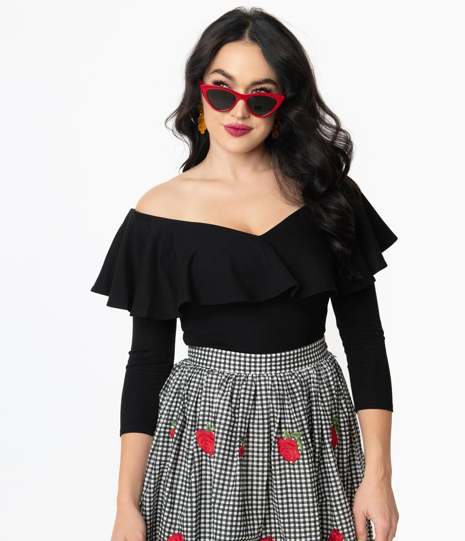 Unique Vintage Black Off Shoulder Ruffle Bisou Top (S ONLY)