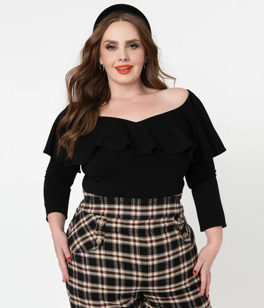 Unique Vintage Black Off Shoulder Ruffle Bisou Top (S ONLY)