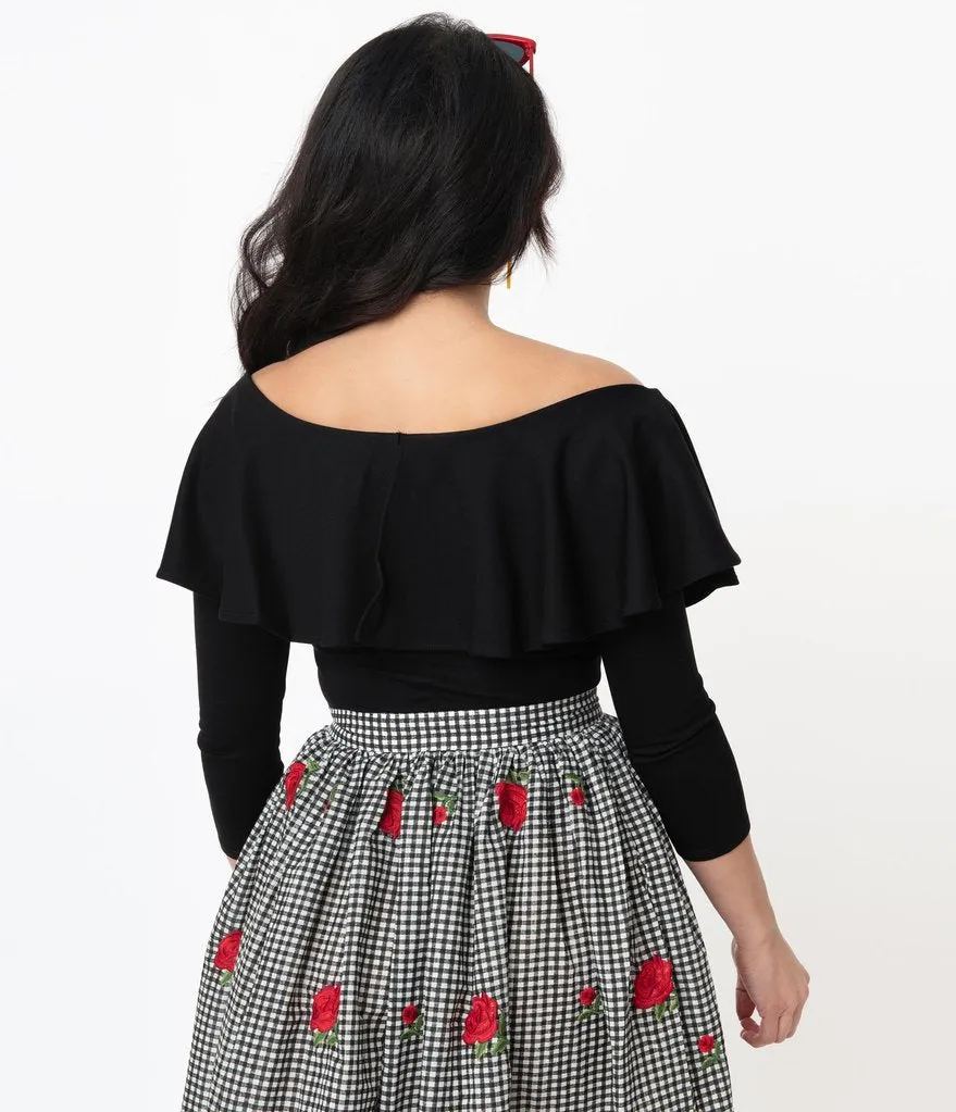 Unique Vintage Black Off Shoulder Ruffle Bisou Top (S ONLY)