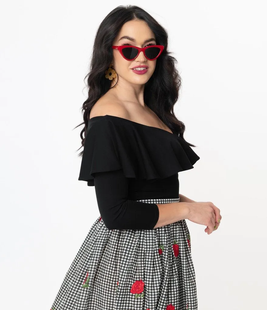 Unique Vintage Black Off Shoulder Ruffle Bisou Top (S ONLY)