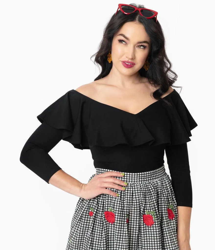 Unique Vintage Black Off Shoulder Ruffle Bisou Top (S ONLY)