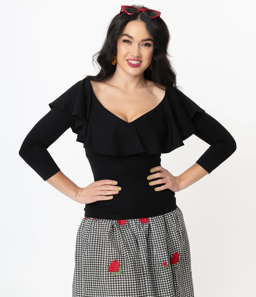 Unique Vintage Black Off Shoulder Ruffle Bisou Top (S ONLY)