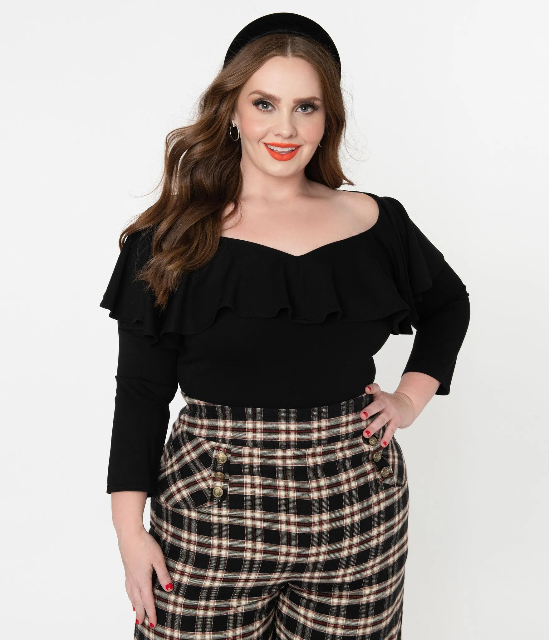 Unique Vintage Black Off Shoulder Ruffle Bisou Top (S ONLY)