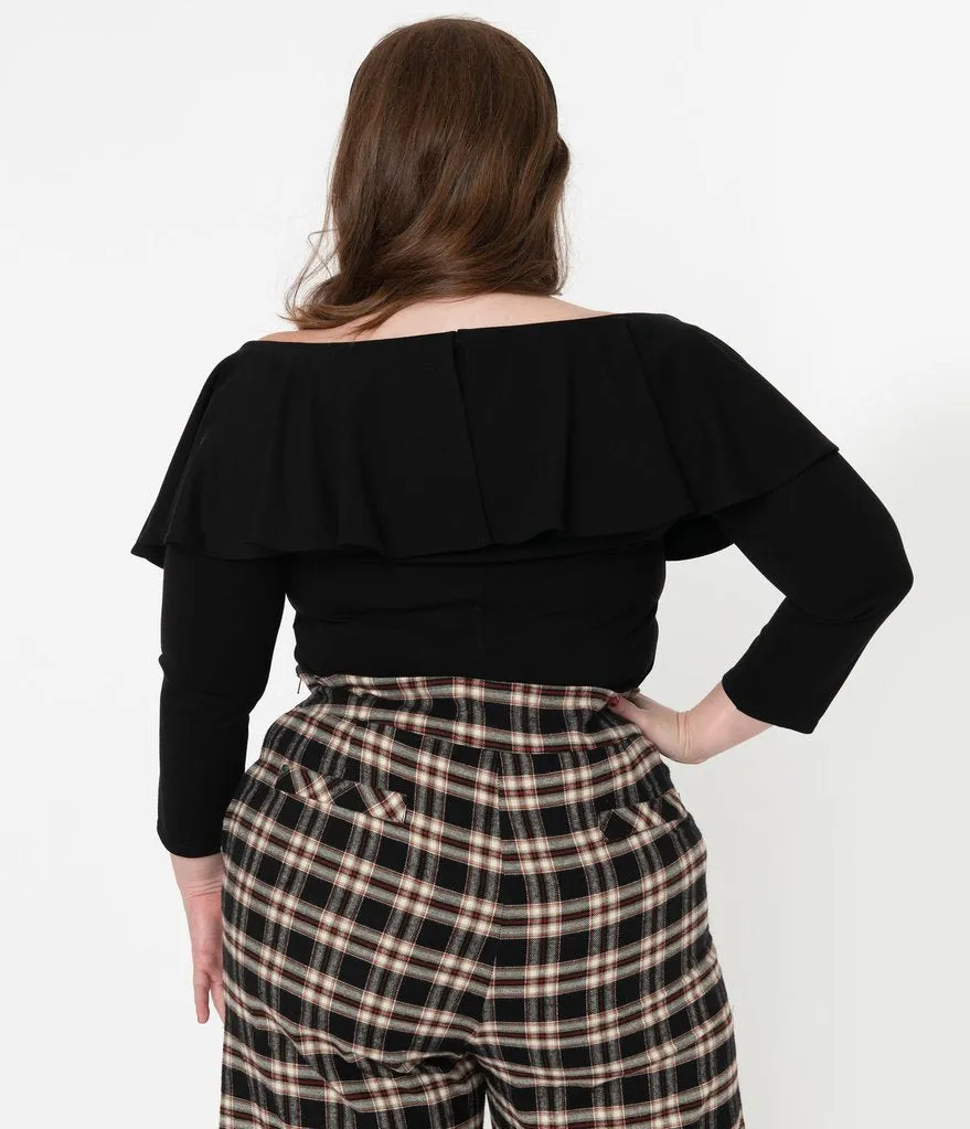 Unique Vintage Black Off Shoulder Ruffle Bisou Top (S ONLY)