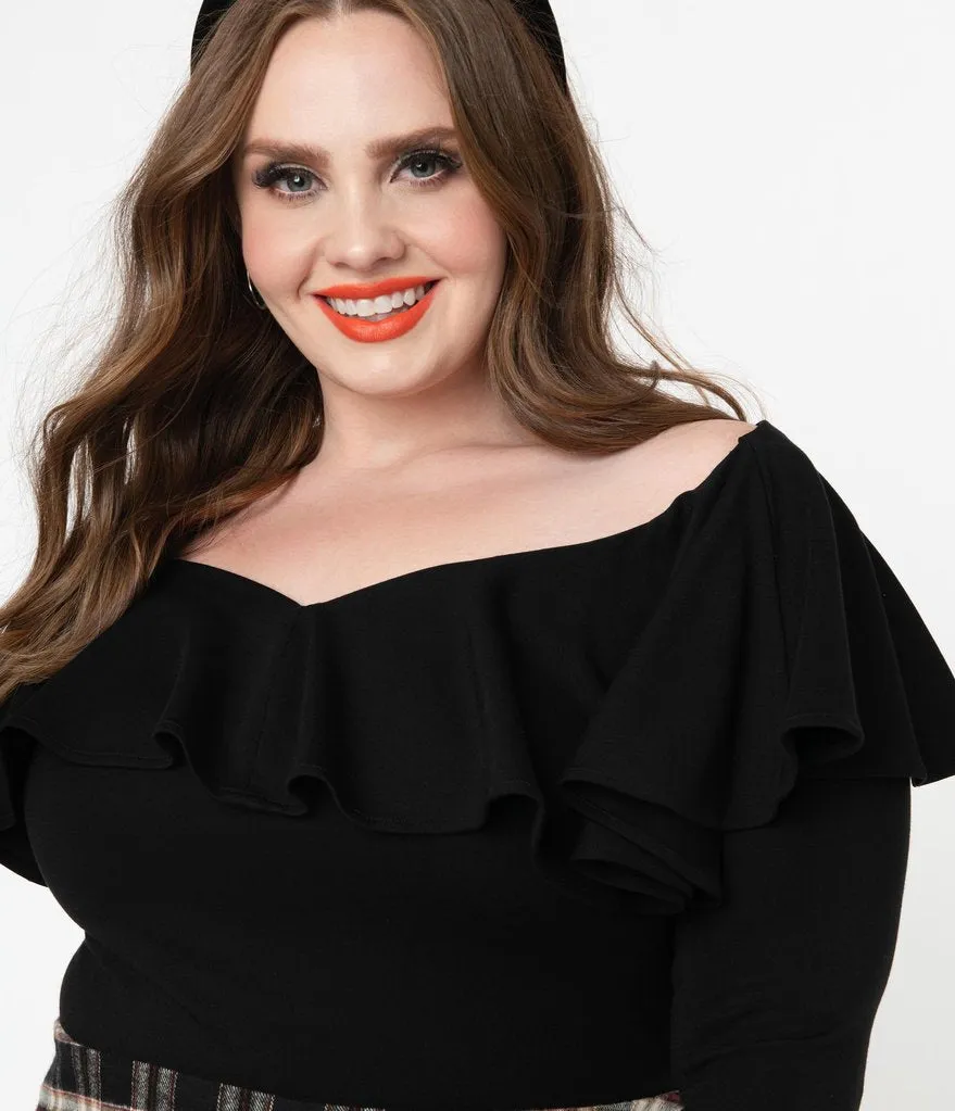 Unique Vintage Black Off Shoulder Ruffle Bisou Top (S ONLY)